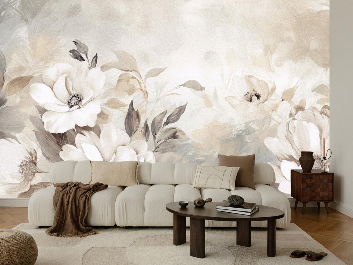 FOTOTAPETE für Schlafzimmer Abstrakte Creme Blumen Aquarell 300x210 - Beige/Braun, Papier (300/210cm) - Muralo
