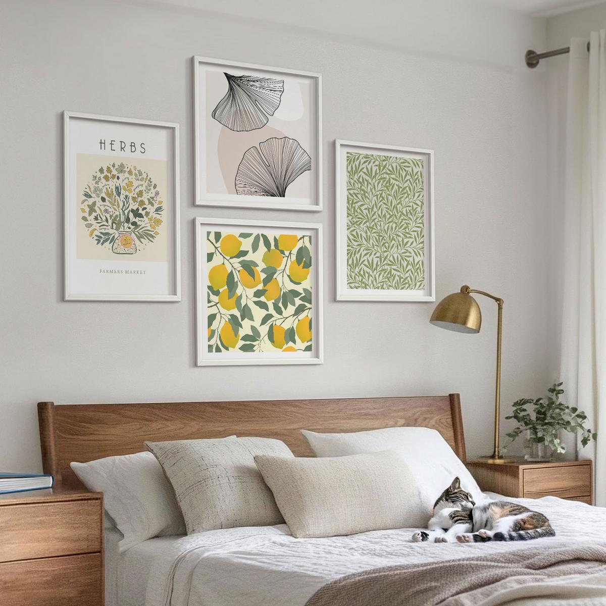 BILDER SET 4er Set - 50x50 cm & 40x60 cm Weißer Rahmen - Zitronenkräuter und -blätter - Weiß, Kunststoff (50/50cm) - TULUP
