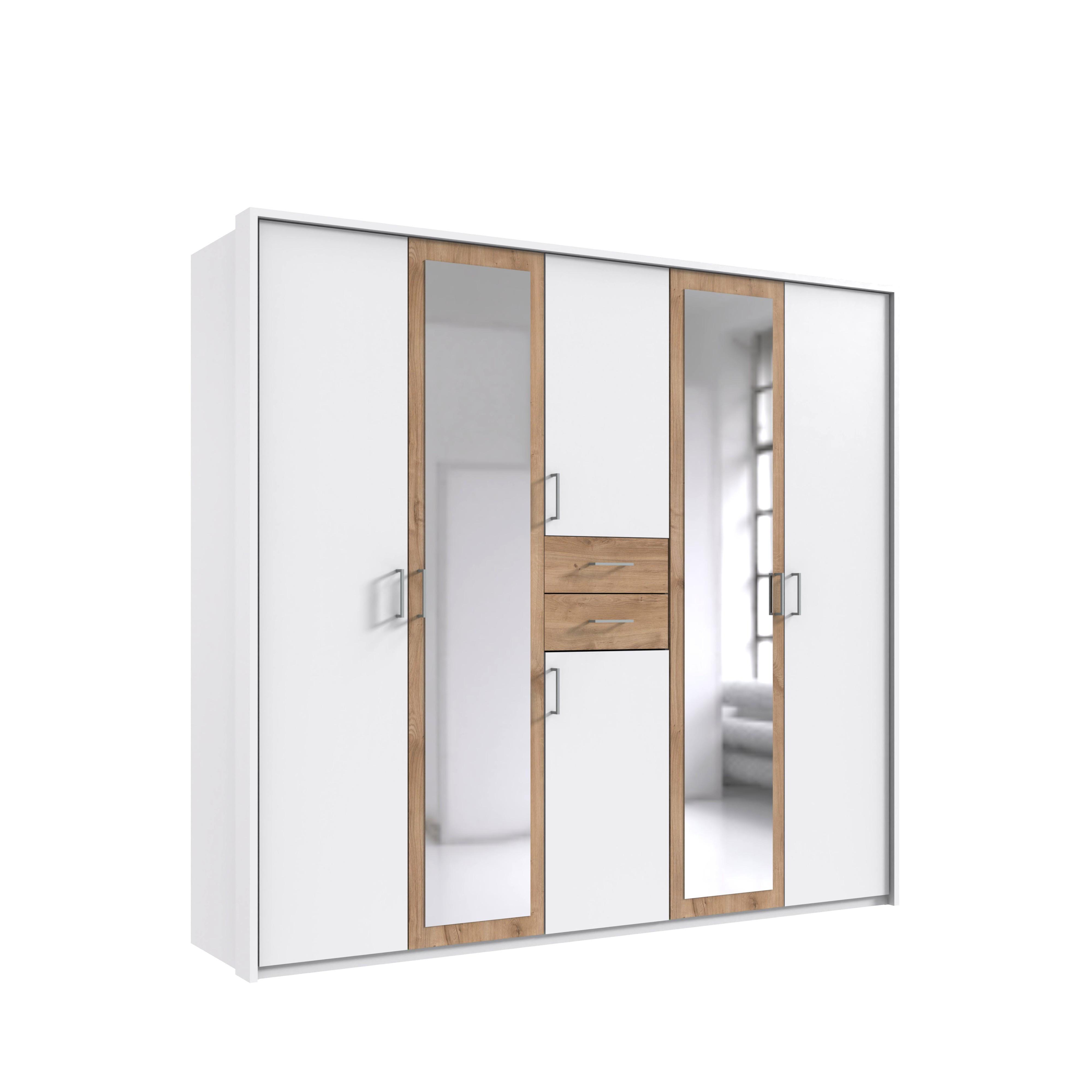 DREHTÜRENSCHRANK Kleiderschrank B228/H210/T58 cm mit Passepartout, Schubkästen & 2 Spiegeltüren, Weiß mit Absetzungen in Eiche Dekor / 22599 - Eichefarben/Silberfarben, Holzwerkstoff/Kunststoff (228/210/58cm) - luma-home