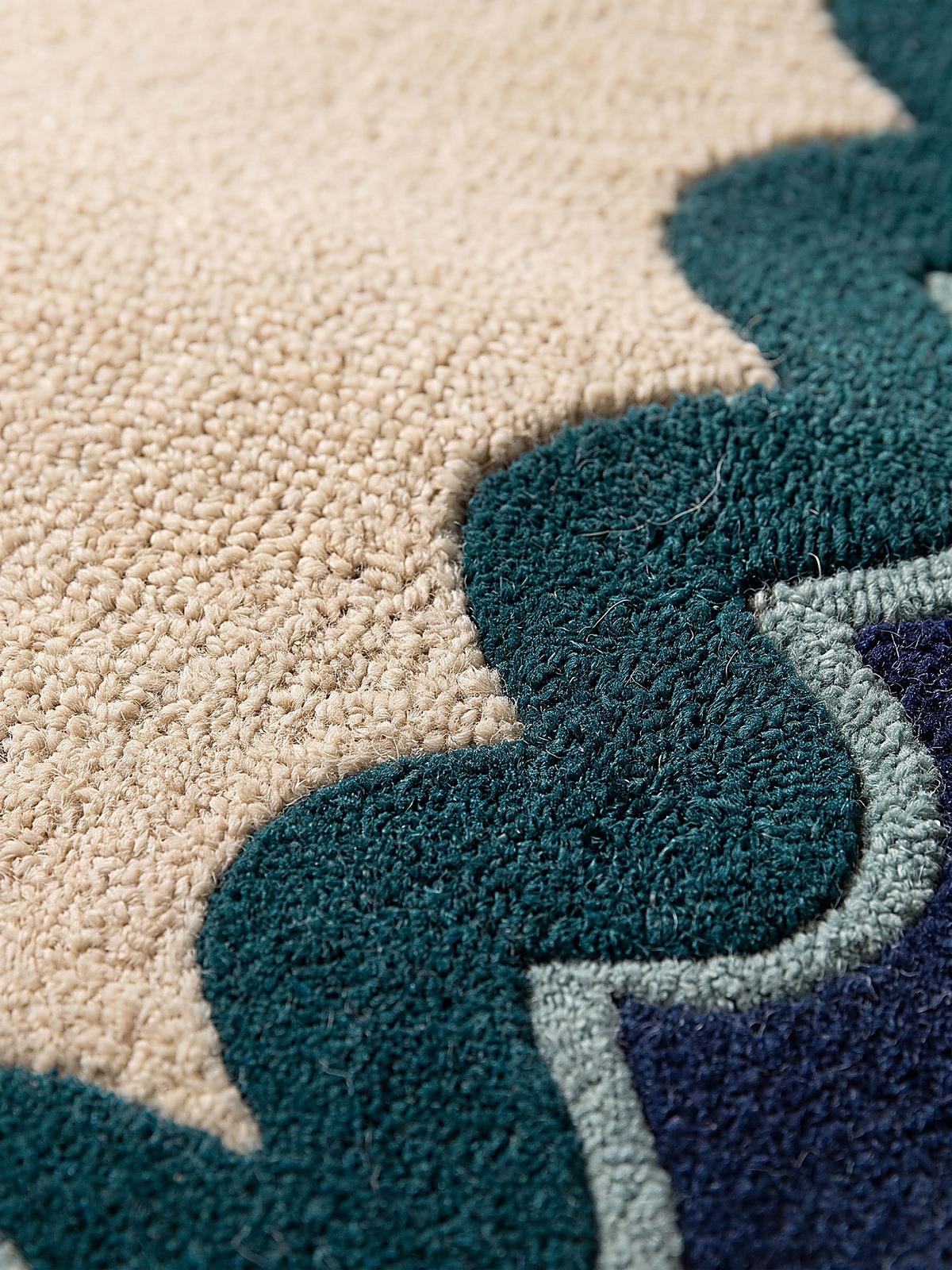 TEPPICHLÄUFER handgetuftet WAVENEY, Zickzack-Wellenbordüre, Petrol, 80 x 230 cm - Türkis, Textil (80/230cm) - KADIMA DESIGN