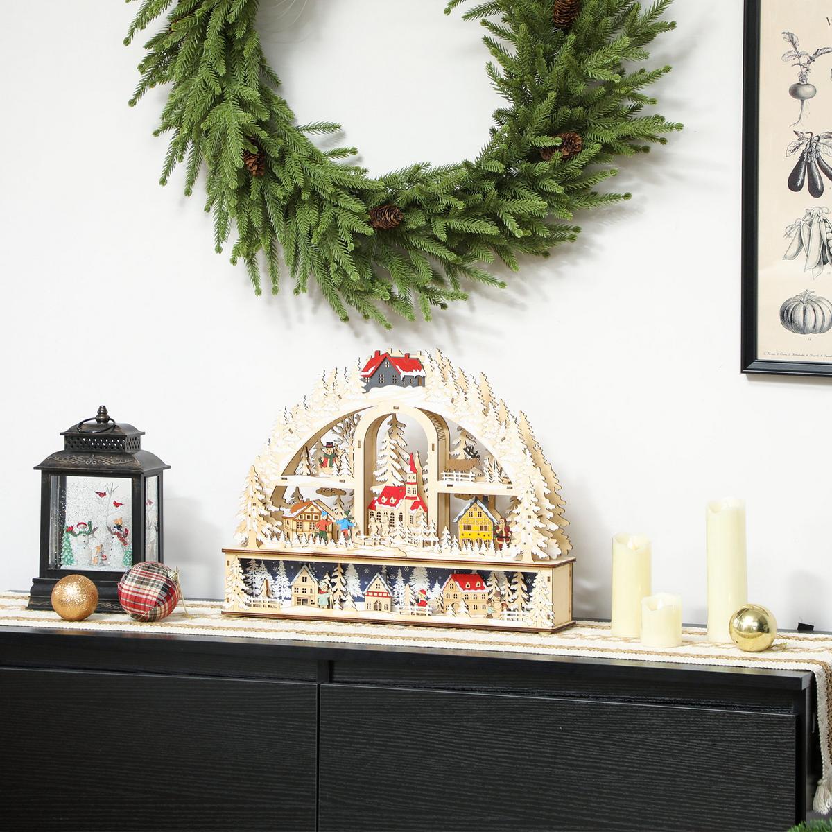 WEIHNACHTSDORF mit LED-Leuchtung, 45 cm Weihnachtsstadt mit Schneemann Renntier - Naturfarben, Holzwerkstoff (10/35/45cm) - HOMCOM