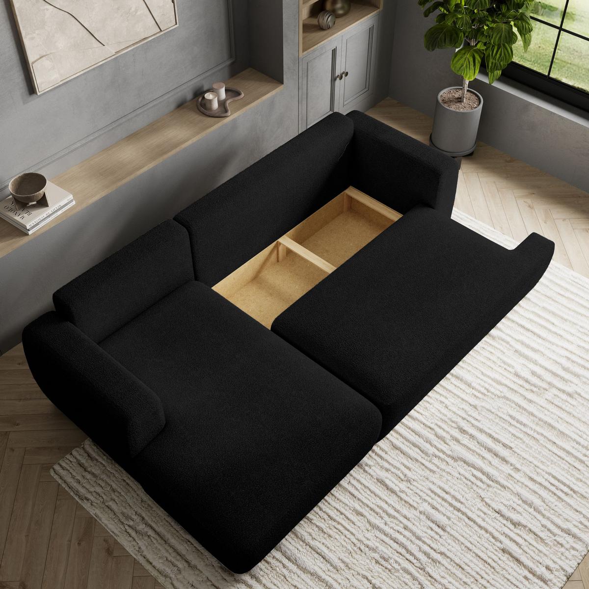 ECKSOFA SENTI N L-S Schwarz Boucle-Stoff mit Schlaffunktion - Schwarz, Holz/Kunststoff (246/148cm) - MASSENO