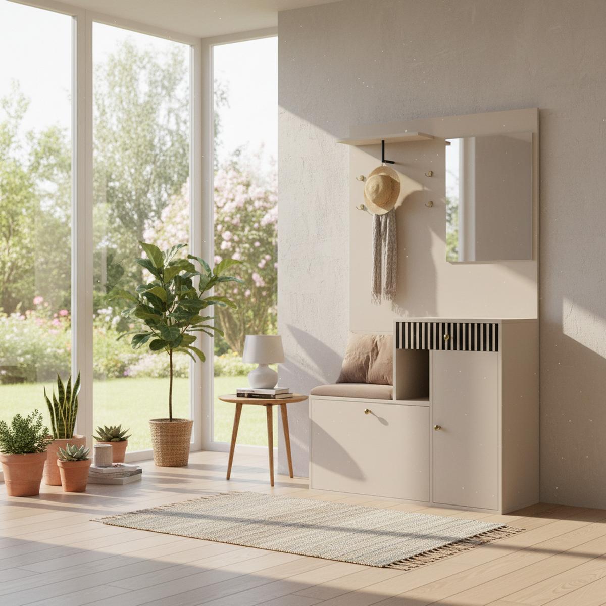GARDEROBE FÜR FLUR - kombischrank mit Spiegel, Sitzbank und Stauraum - Beige, Glas/Holzwerkstoff (110/186/37cm) - Urban Meuble