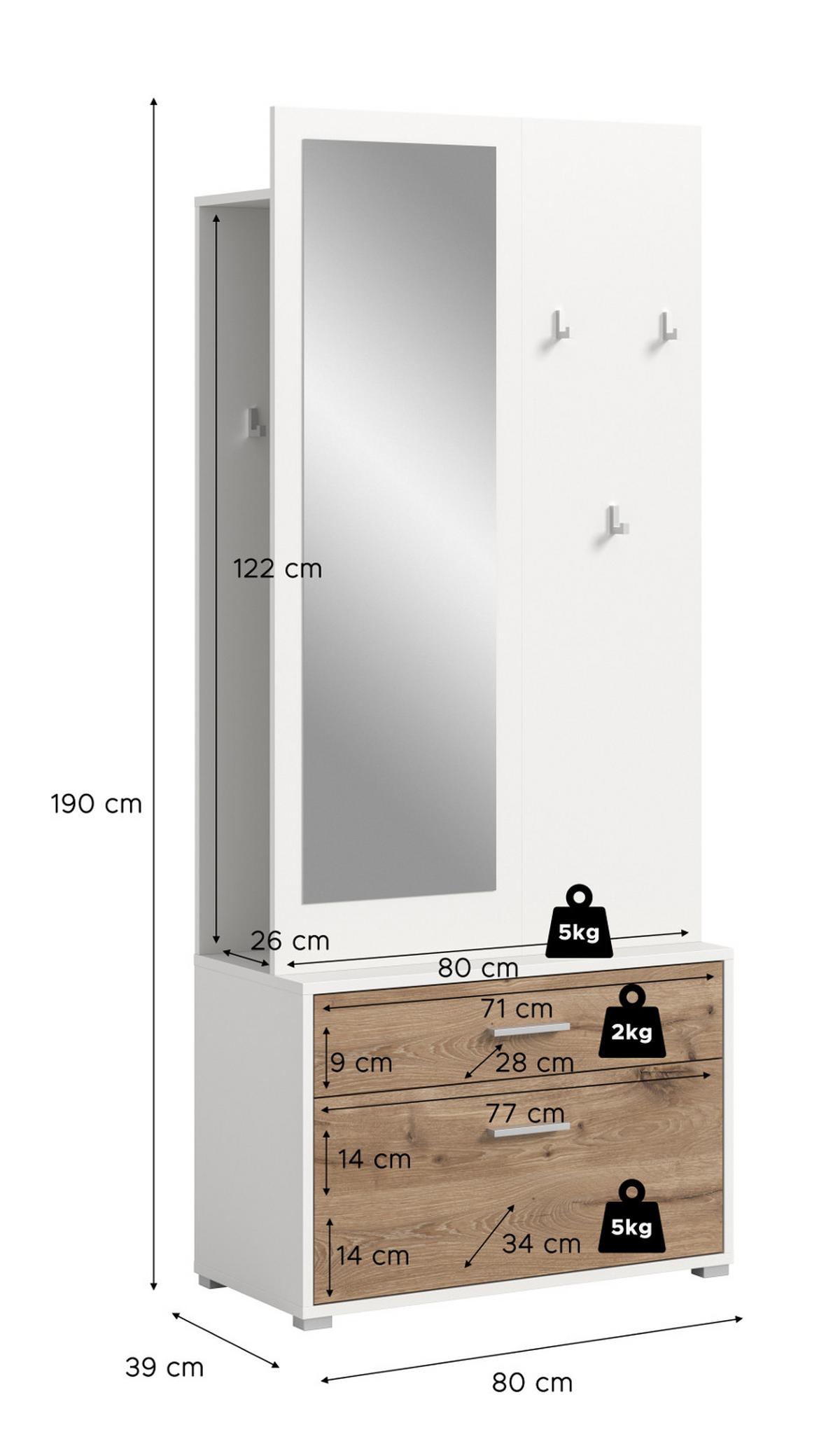 KOMPAKTGARDEROBE weiß, Eiche Nox, Garderobe mit Spiegel 80 x 190 cm - Eichefarben/Silberfarben, Glas/Holzwerkstoff (80/190/38cm) - Inn.Furn