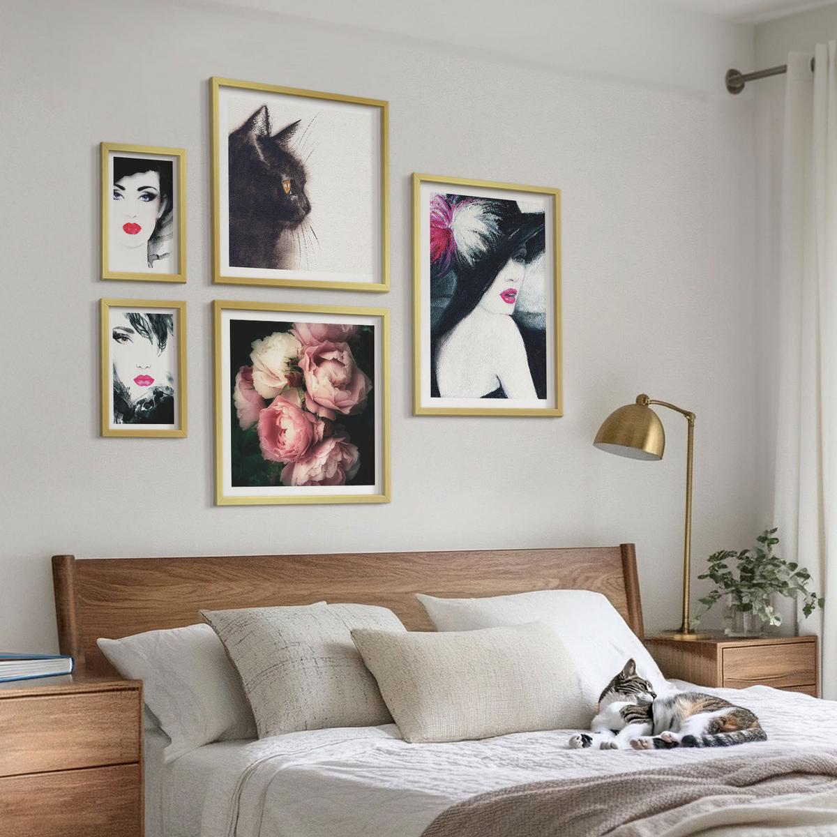 BILDER SET 5er Set - 50x50 cm & 20x30 cm & 40x60 cm Goldrahmen - Boho-Buch mit Muscheln - Goldfarben, Kunststoff (40/60cm) - TULUP