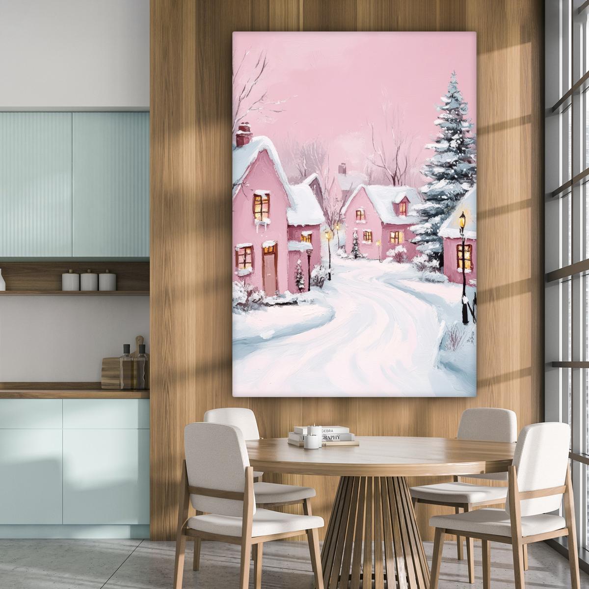 LEINWANDBILD Weihnachtsdorf - Rosa - Winter - Schnee - Häuser Deko Groß 90x140 cm - Altrosa, Textil (90/140cm) - MuchoWow