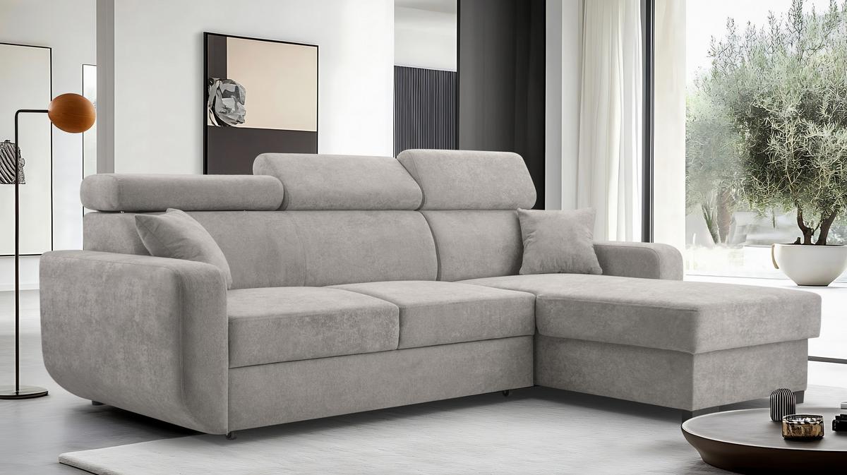 ECKSOFA CASTELLO Grau Plüsch-Stoff mit Schlaffunktion - Grau, Holz (236/165cm) - MASSENO