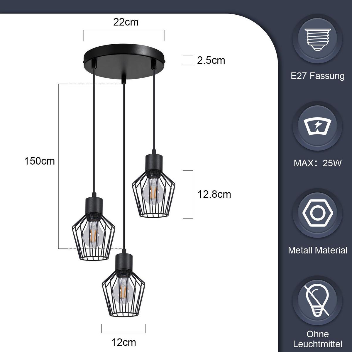 PENDELLEUCHTE Ziel 3-flammig 22/22/150 cm - Schwarz, Metall (22/22/150cm) - Nettlife