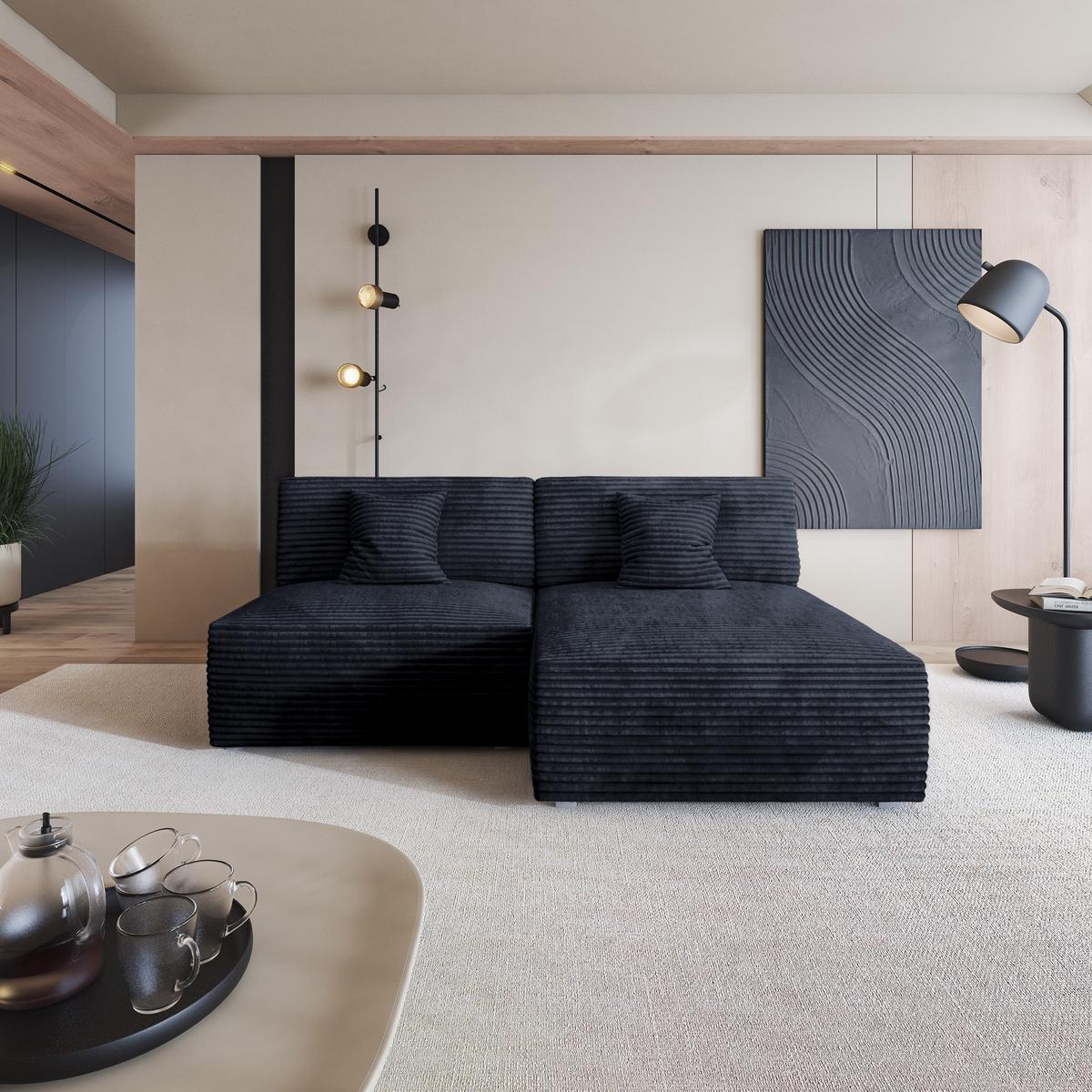 ECKSOFA FIORO Schwarz Kordstoff mit Schlaffunktion - Schwarz, Holz (204/148cm) - MASSENO