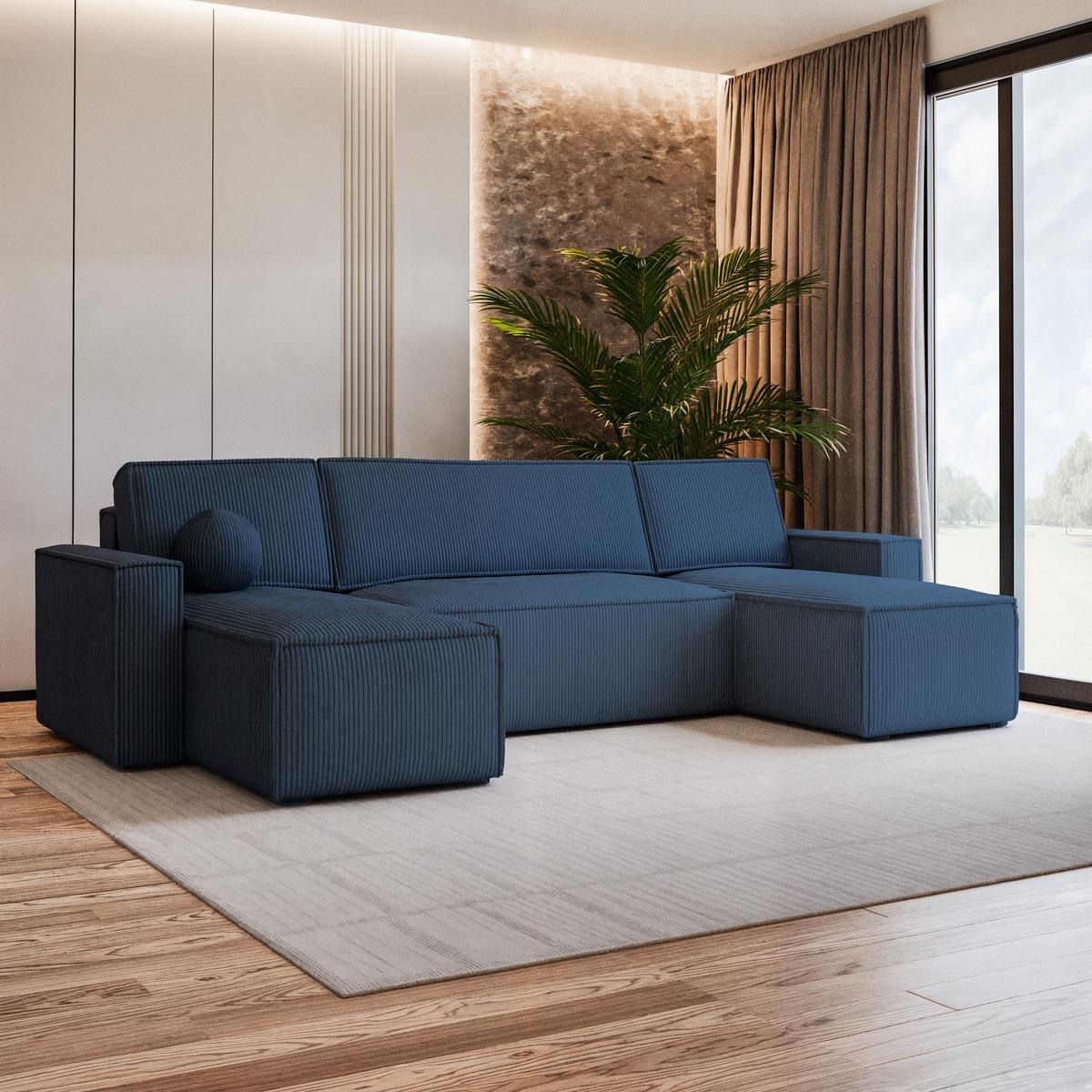 WOHNLANDSCHAFT PESANO P Blau Kordstoff mit Schlaffunktion - Blau/Grau, Holz/Kunststoff (306/85/140cm) - MASSENO