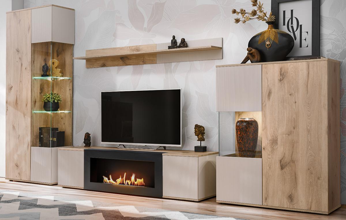 WOHNWAND Eiche, Kaschmir 4-teilig 350 cm, Schrankwand mit Kamin, inkl. Beleuchtung - Kaschmir/Eichefarben, Glas/Holzwerkstoff (350/197/45cm) - Inn.Furn