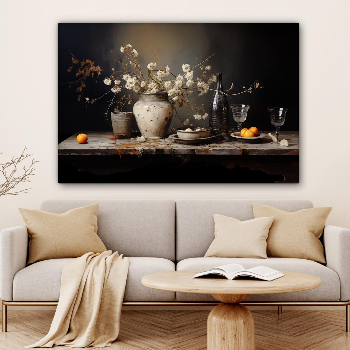 LEINWANDBILD Stilleben - Blumen - Blumenstrauß - Vase - Wein Wohnzimmer Groß 120x80 cm - Schwarz, Textil (120/80cm) - MuchoWow