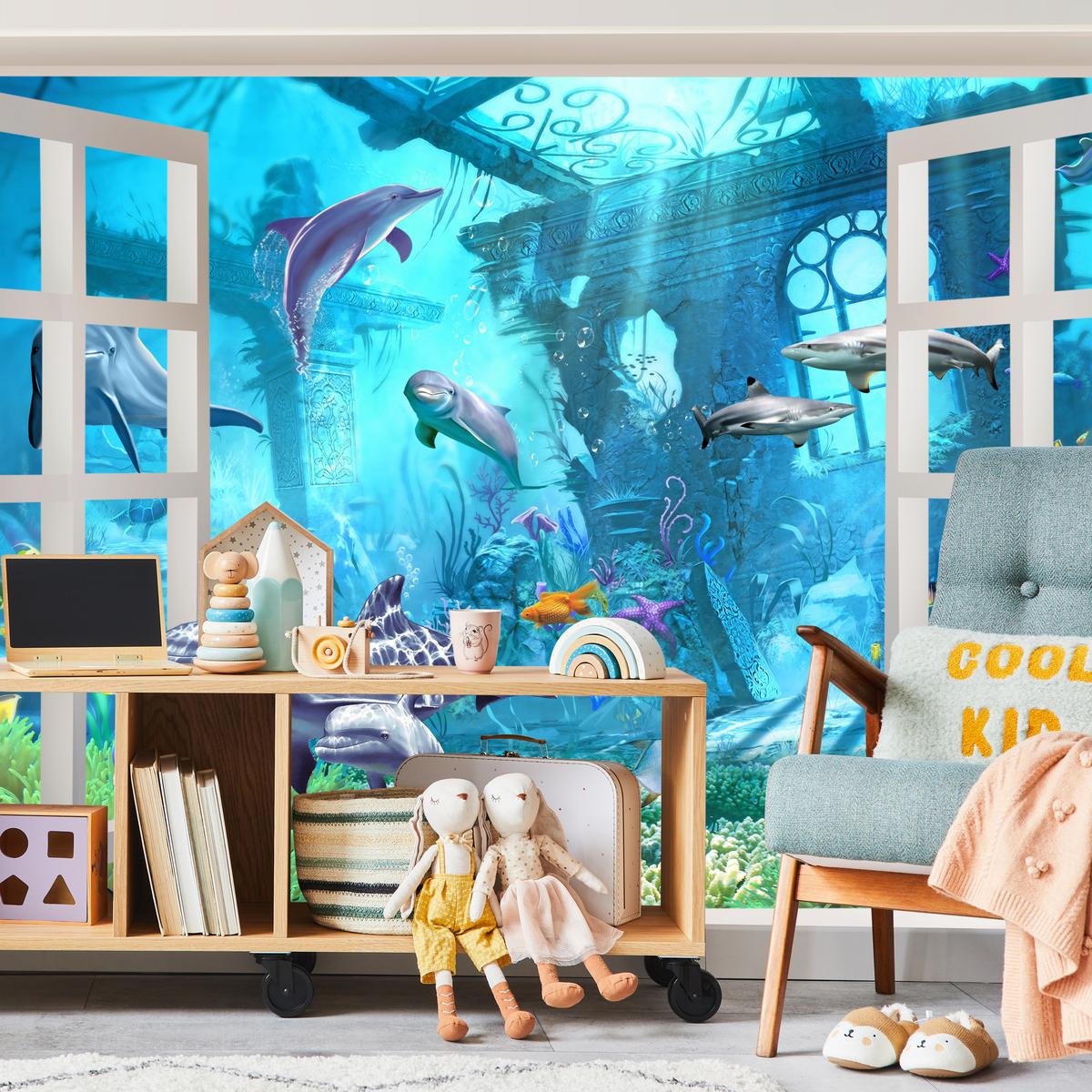 FOTOTAPETE für Schlafzimmer Fenster Unterwasserwelt Delfine Riff 450x315 - Blau/Weiß, Papier (450/315cm) - Muralo
