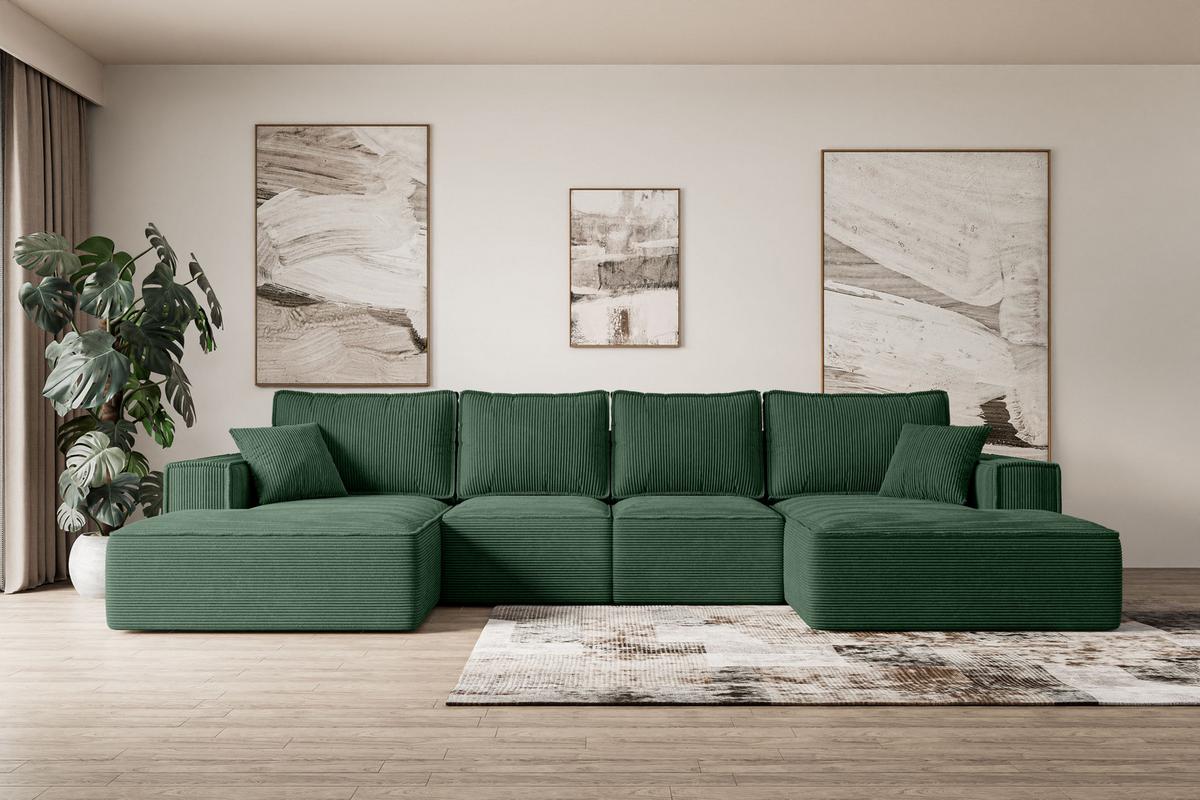 WOHNLANDSCHAFT mit Schlaffunktion und Bettkasten SIERRA-U-S - 349x161x87 cm Grün Cord - Schwarz/Grün, Holzwerkstoff/Kunststoff (349/87/161cm) - ALTDECOR