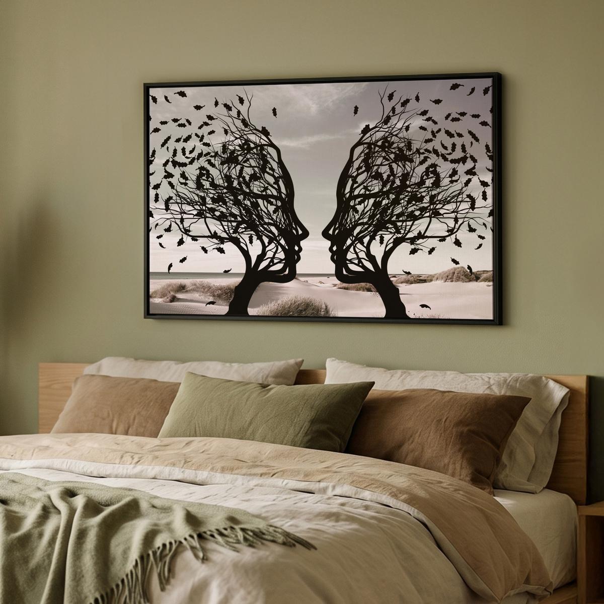 LEINWAND Bilder mit Rahmen - Strand - Meer - Menschen - Baum - Moderne Kunst - 90x60 - Hellgrau, Textil (90/60cm) - MuchoWow