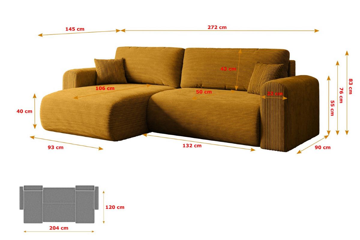 ECKSOFA mit Schlaffunktion und Bettkasten ORRO-L - 272x145x83 cm Senfgelb Cord - Gelb/Schwarz, Holzwerkstoff/Kunststoff (272/145cm) - ALTDECOR