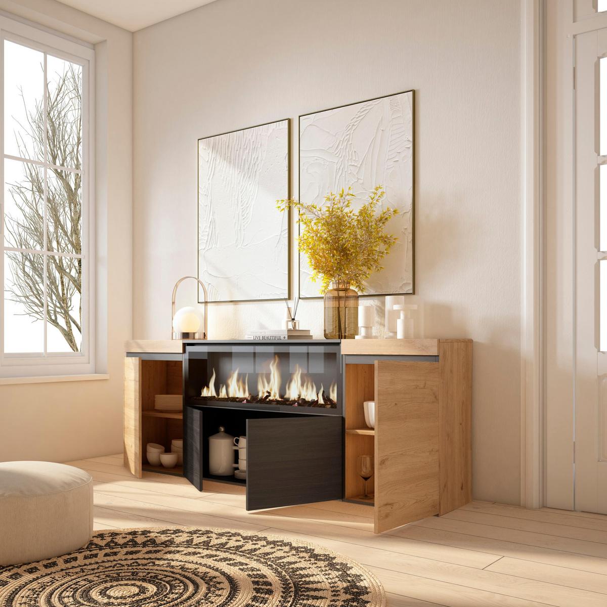 SIDEBOARD Elektrokamin XXL, eiche, schwarz, 208/35/75cm - Eichefarben/Multicolor, Holzwerkstoff (208/75/35cm) - Skraut Home
