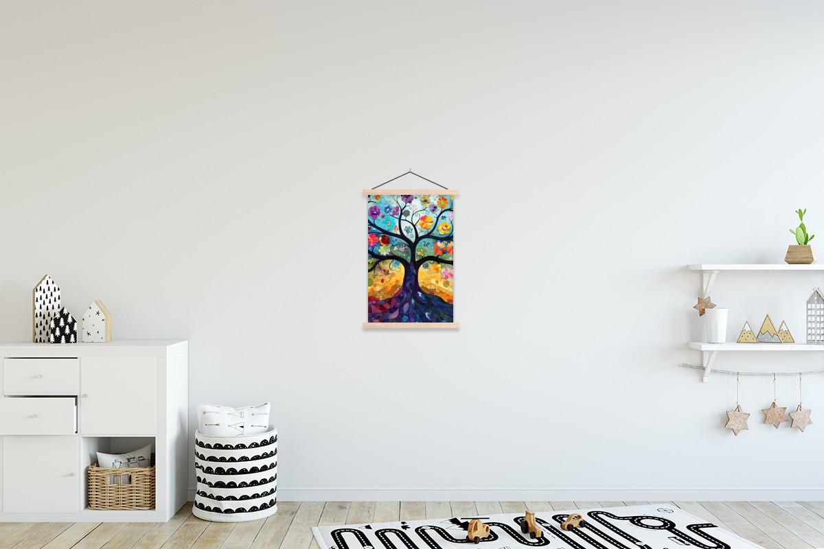 POSTER MIT MAGNETLEISTEN Kunst - Baum des Lebens - Blumen - Hippie Deko Wohnzimmer 40x60 cm - Dunkelblau, Textil (40/60/0.15cm) - MuchoWow