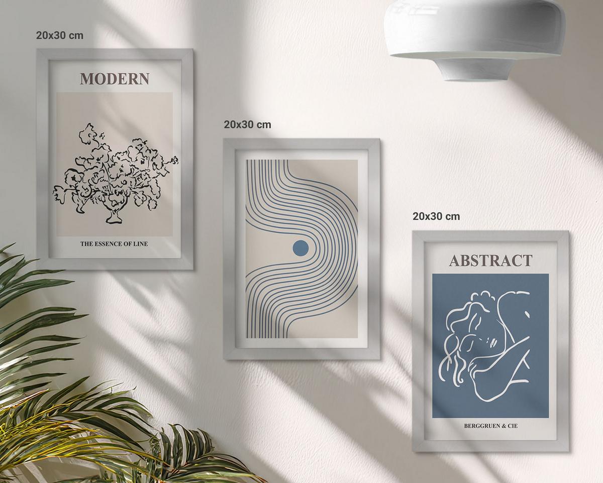 BILDER SET 3er Set - 20x30 cm Silberner Rahmen - abstrakte Poster mit Blumenlinien - Silberfarben, Kunststoff (20/30cm) - TULUP
