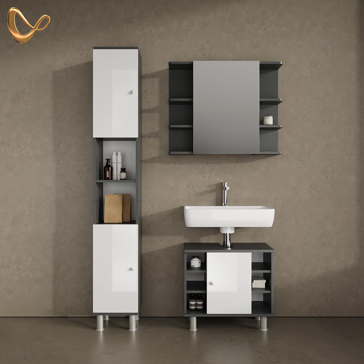 BADMÖBEL-SET Fucino Anthrazit 3 Teile, mit Hochschrank - Anthrazit, Holzwerkstoff (80/64/21cm) - Livinity®