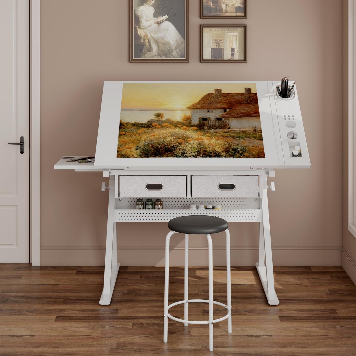 SCHREIBTISCH Zeichentisch Höhenverstellbar Neigbar Weiß inkl Hocker & Schubladen - Weiß, Holzwerkstoff (60/98/68cm) - Urban Meuble