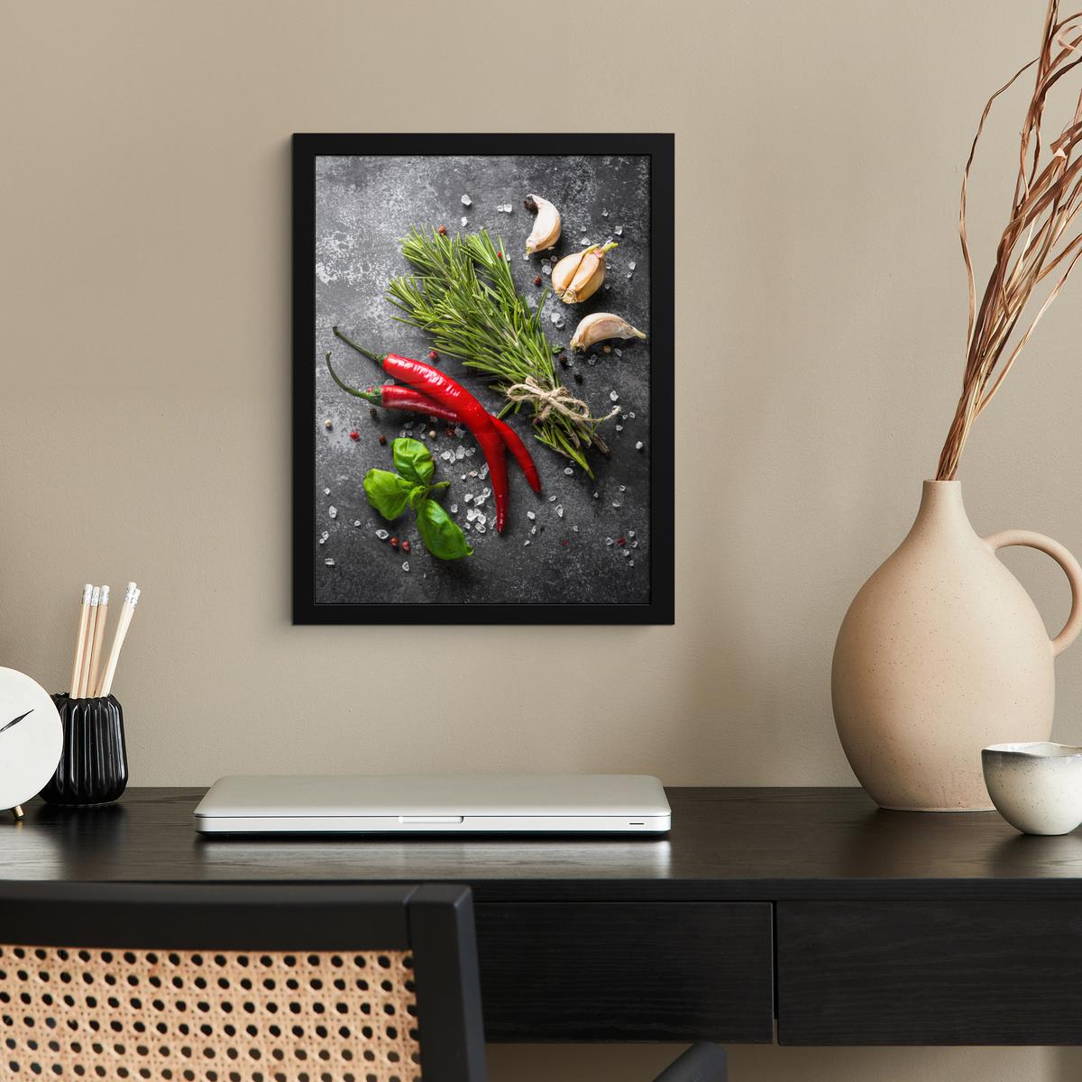 POSTER MIT RAHMEN Pfeffer - Kräuter - Gewürze - Beton Bilderrahmen 30x40 cm - Dunkelgrau, Papier (30/40cm) - MuchoWow