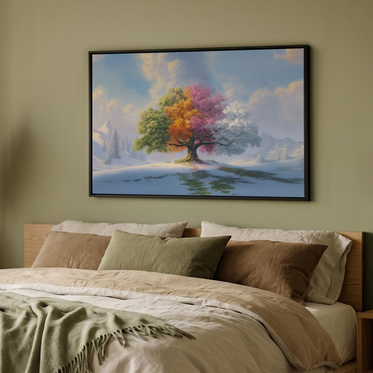 LEINWAND Bilder mit Rahmen - Baum - Jahreszeiten - Winter - Landschaft - 90x60 - Multicolor, Textil (90/60cm) - MuchoWow