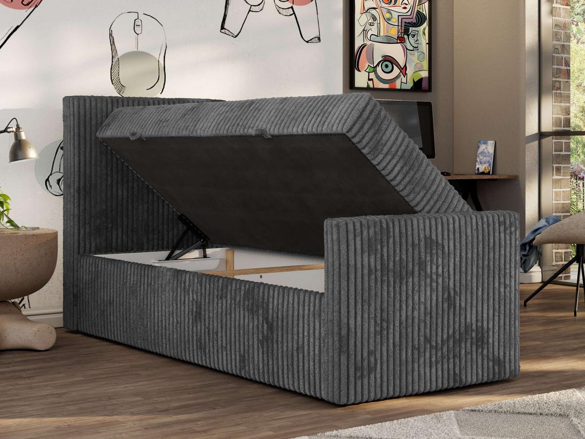 JUGENDBETT TILIO DUO 90/200 - Grau Cord - H4 - Links Seite - Grau, Textil (90/200cm) - MKS