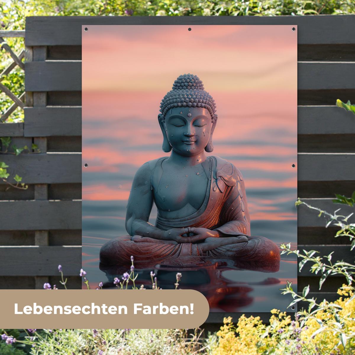 GARTENPOSTER Buddha - Statue - Buddha - Wasser - Kunst - Buddha Gartendekoration 120x160 cm - Blaugrau, Kunststoff (120/160/0.2cm) - OnlyWow