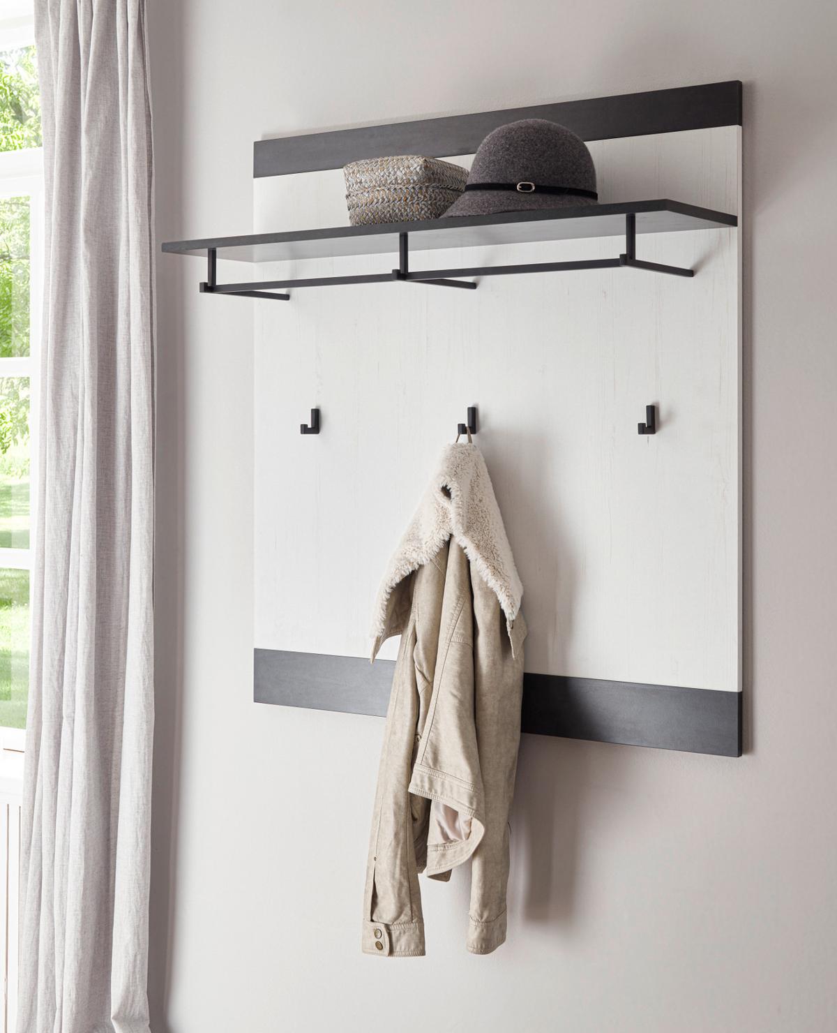 GARDEROBENPANEEL weiß Pinie, anthrazit Landhaus, Wandgarderobe 92 x 100 cm - Anthrazit/Weiß, Holzwerkstoff/Metall (92/100/26cm) - Furn.Design