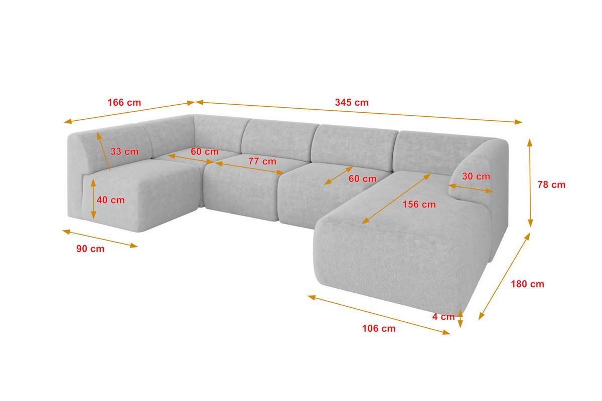 WOHNLANDSCHAFT Ottomane Rechts MOVO-L 345x180x78 cm Hellgrau Tissu - Nickelfarben, Holzwerkstoff/Kunststoff (180/78/345cm) - ALTDECOR