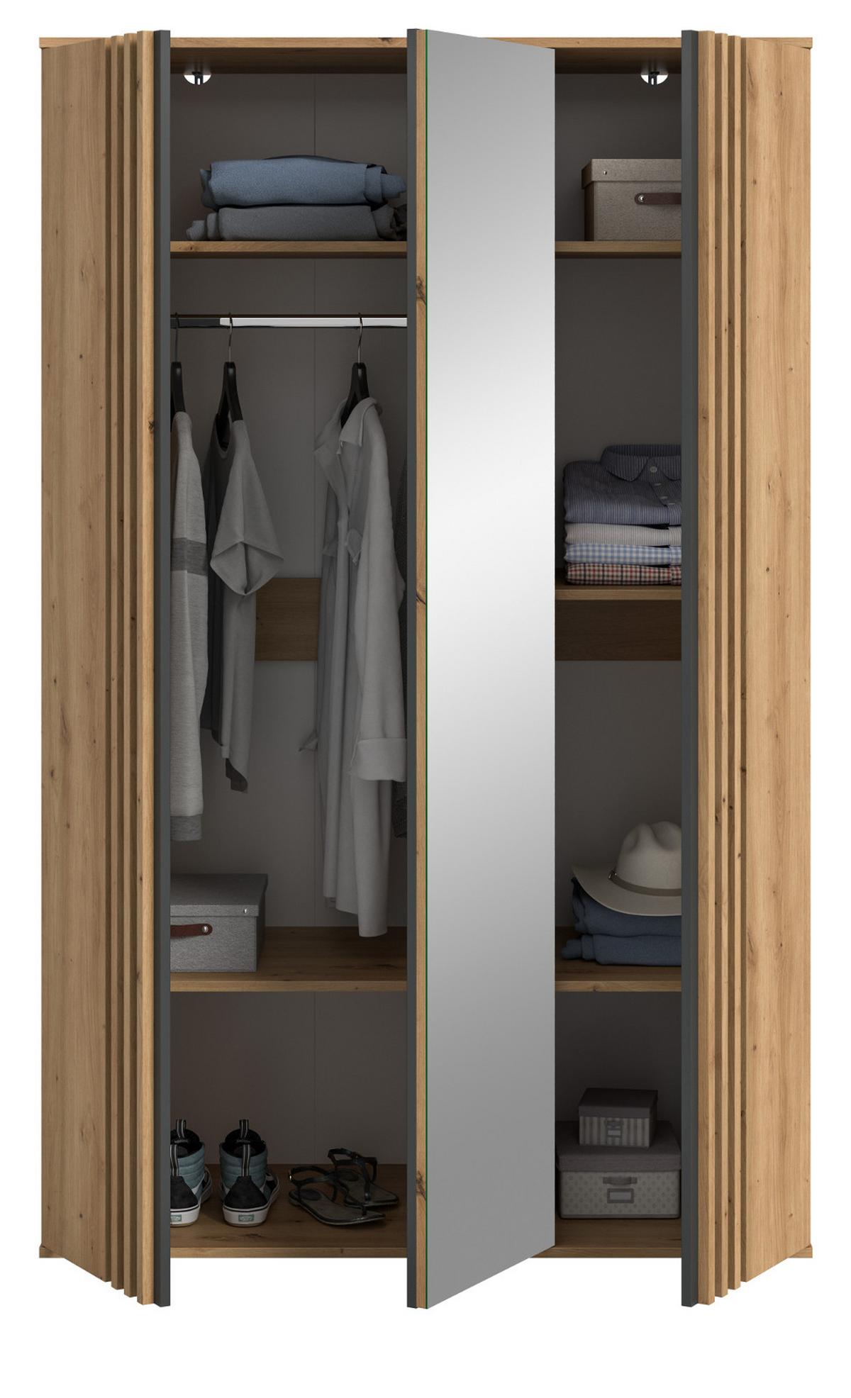KLEIDERSCHRANK Eiche Artisan, grau 120 x 192 cm 3-türig, Drehtürenschrank mit Spiegel - Anthrazit/Eiche Artisan, Holzwerkstoff (120/192/56cm) - Inn.Furn