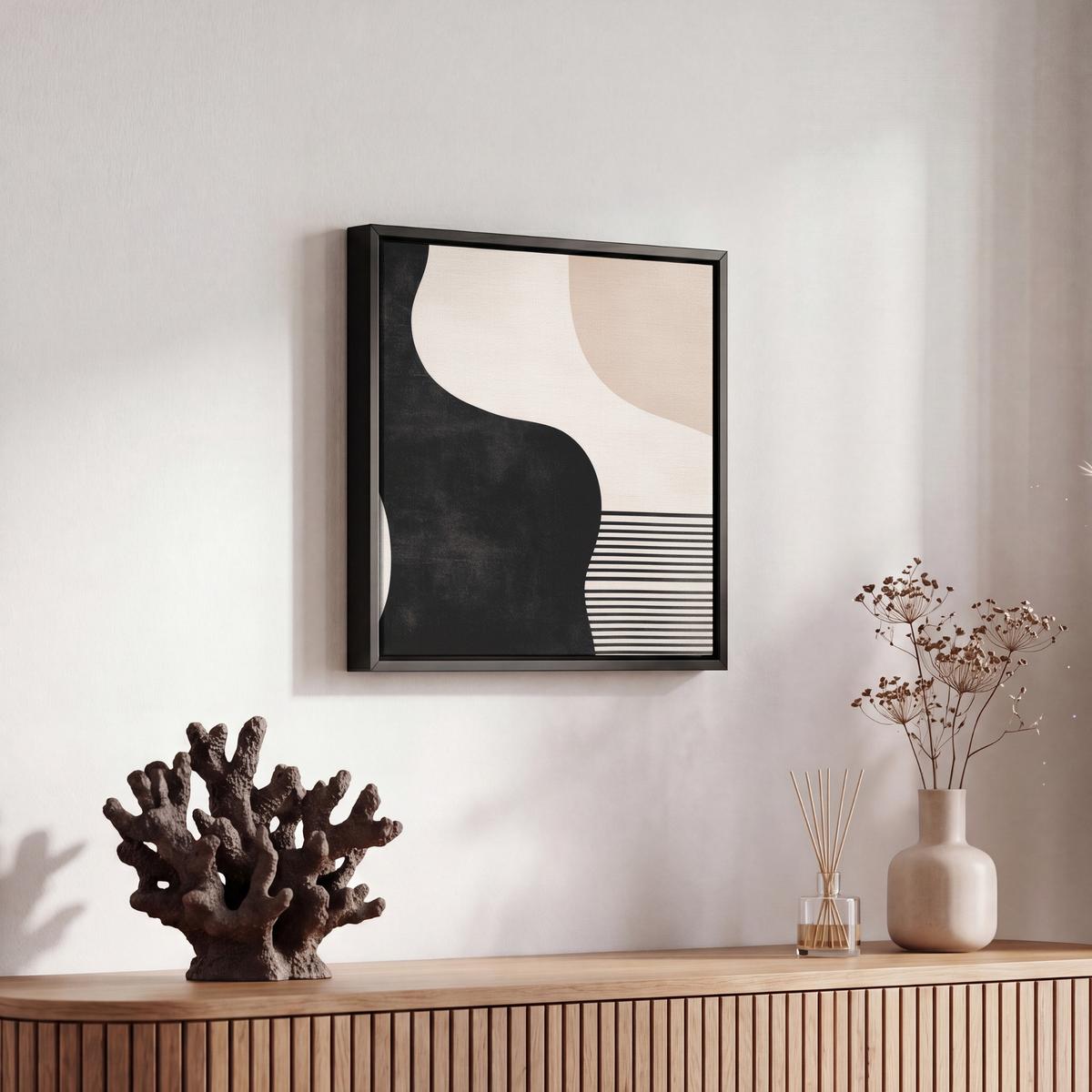 LEINWAND Bilder mit Rahmen - Abstrakt - Japandi - Beige - Modern - 20x20 - Schwarz, Textil (20/20cm) - MuchoWow