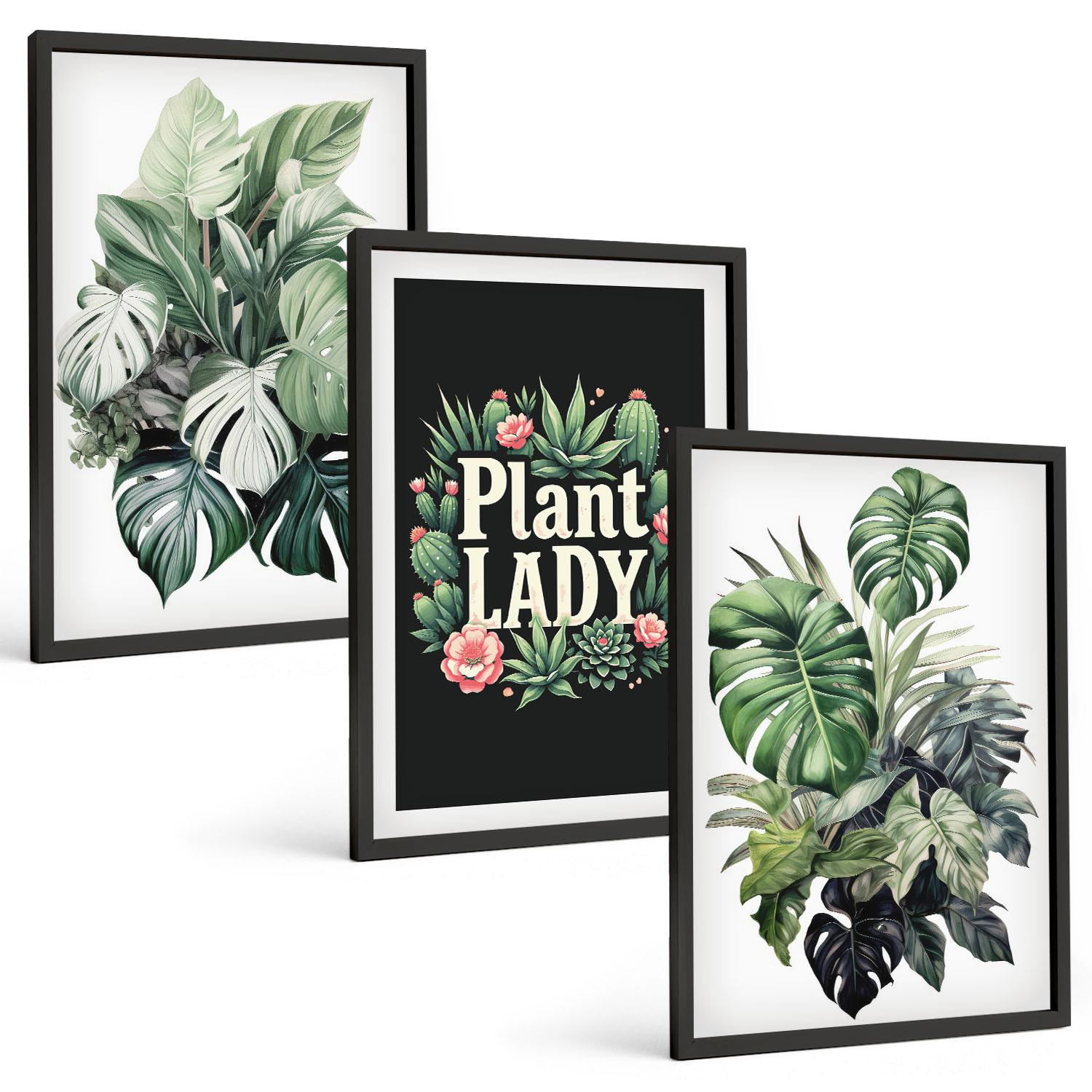BILDER SET 3er Set - 40x60 cm Schwarzer Rahmen - Tropische Pflanzen, Pflanzenliebhaberin - Schwarz, Kunststoff (40/60cm) - TULUP