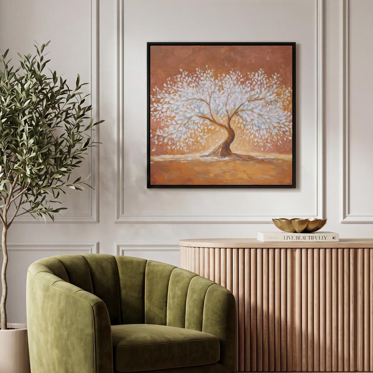 LEINWAND Bilder mit Rahmen - Abstrakt - Baum - Weiß - Blätter - 50x50 - Braun, Textil (50/50cm) - MuchoWow