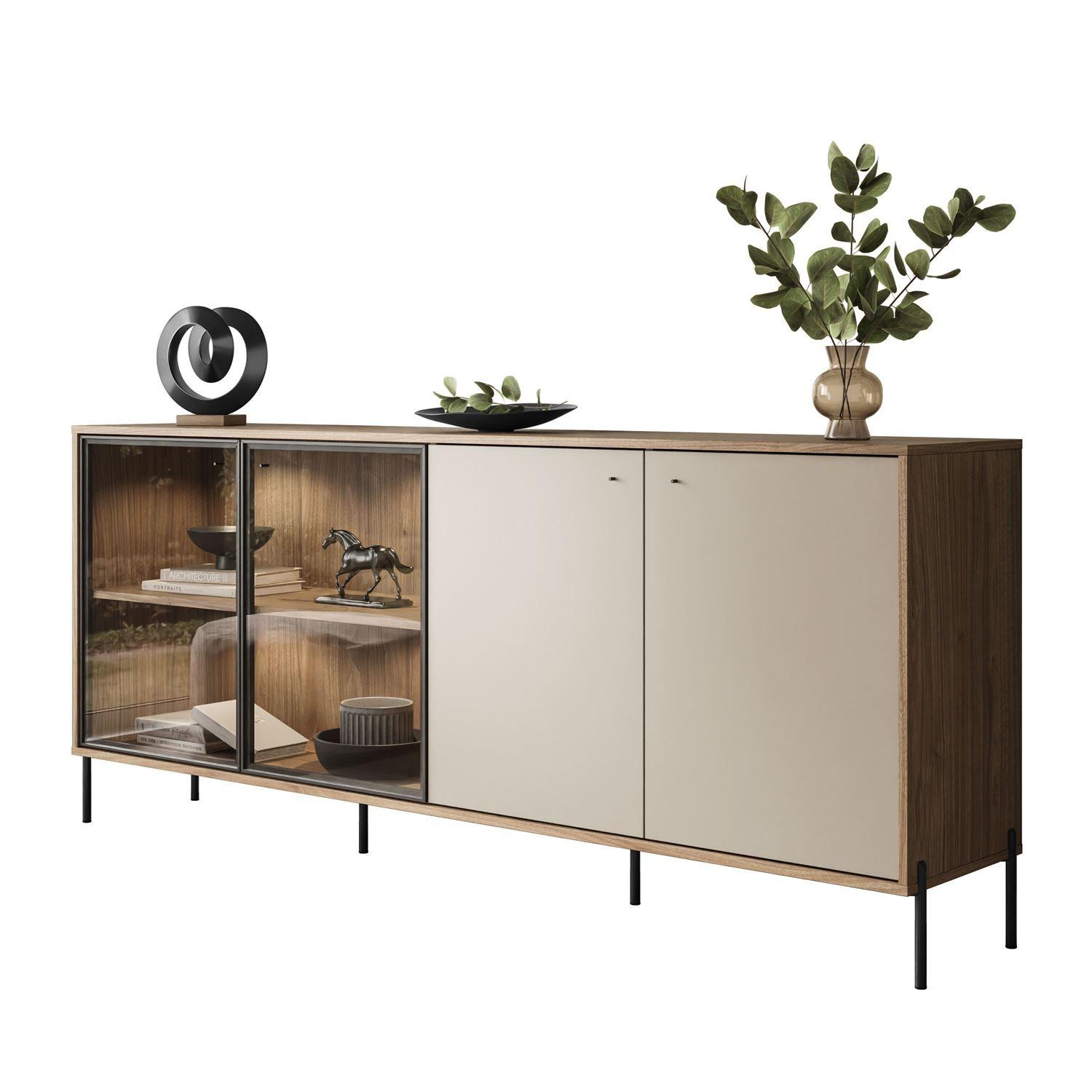 KOMMODE ISA 4D, viertürig mit LED-Beleuchtung auf hohen Beinen. - Eichefarben, Holzwerkstoff (200/85/40cm) - Lookway