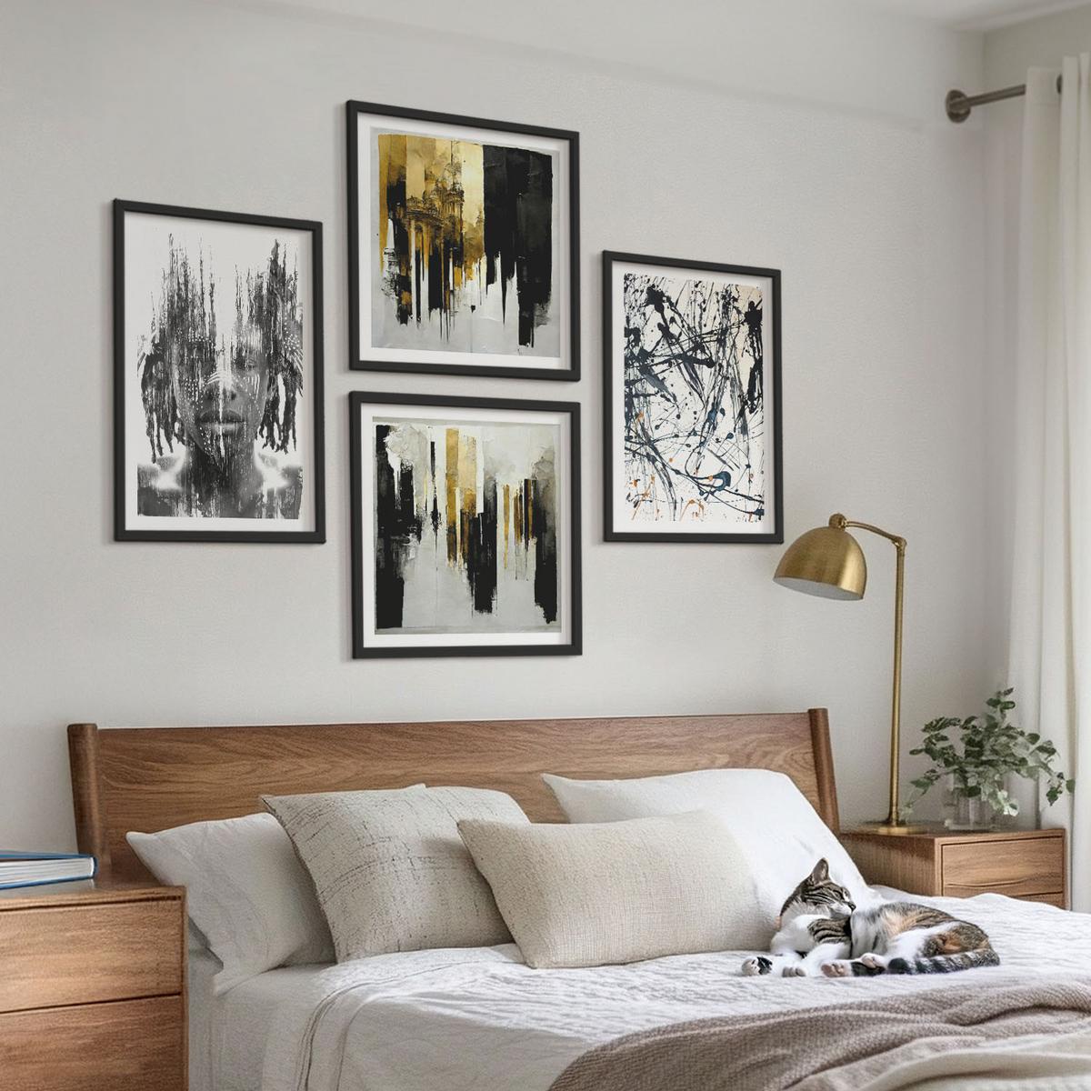 BILDER SET 4er Set - 50x50 cm & 40x60 cm Schwarzer Rahmen - Kontrastierende abstrakte Porträts - Schwarz, Kunststoff (50/50cm) - TULUP