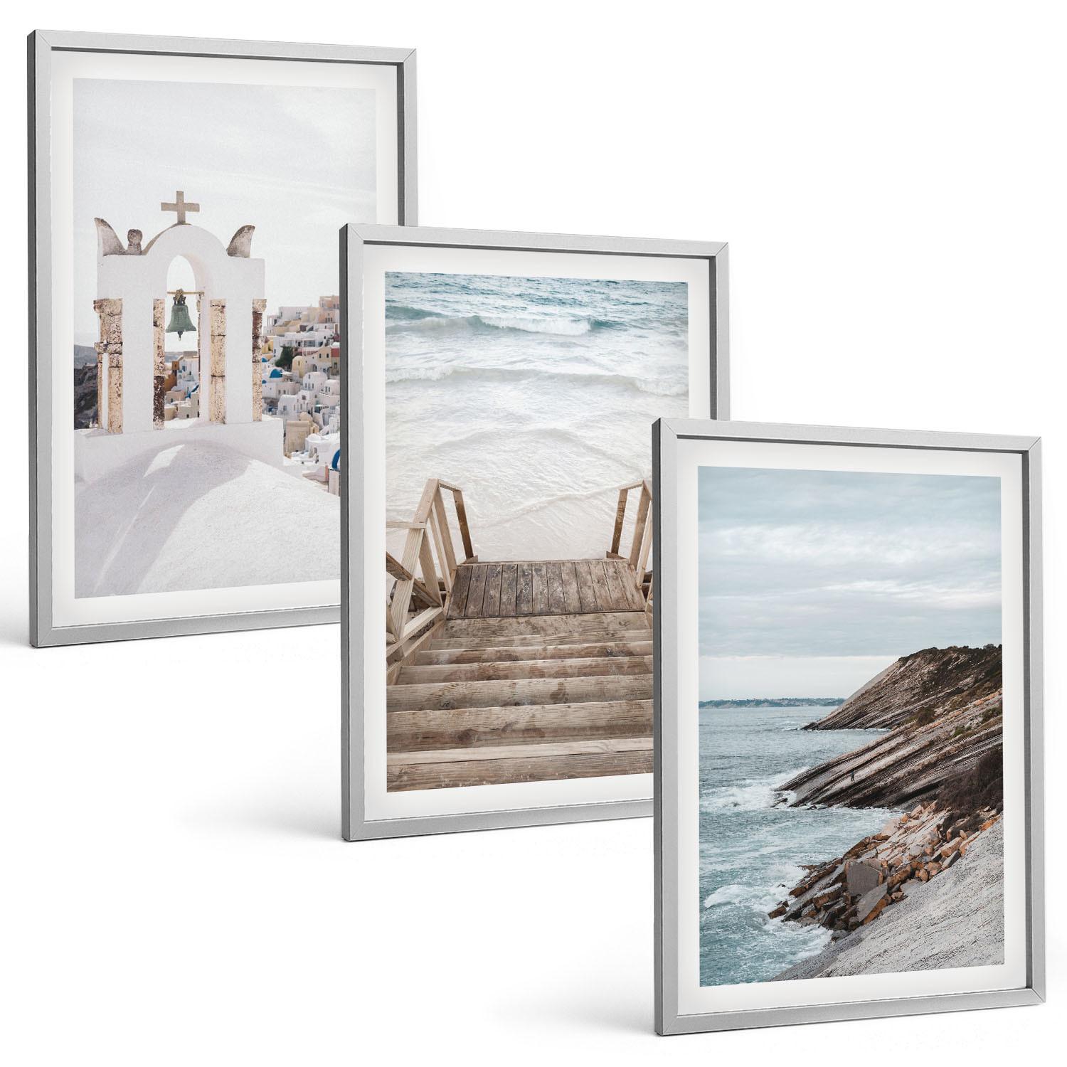 BILDER SET 3er Set - 40x60 cm Silberner Rahmen - Meeresarchitektur Santorin - Silberfarben, Kunststoff (40/60cm) - TULUP
