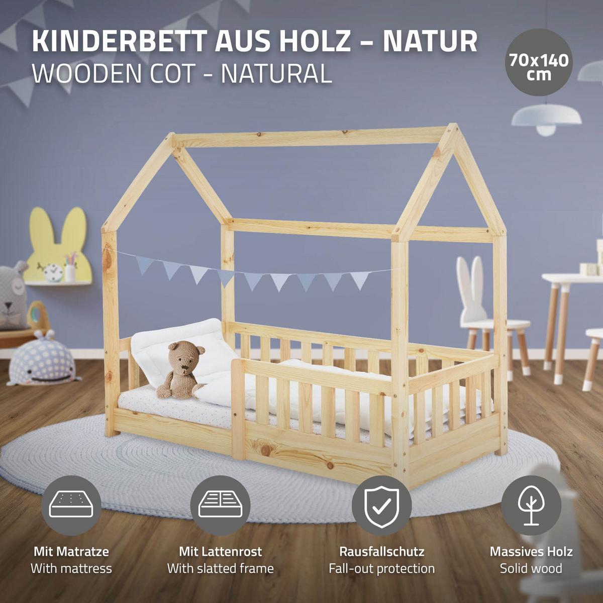 KINDERBETT mit Dach und Matratze 70x140 cm Natur - Naturfarben, Holz (70/140cm) - ML-DESIGN