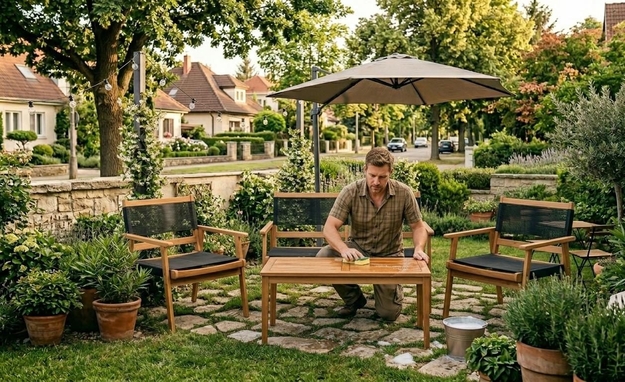 Egy férfi térdelve tisztítja a kertibútor asztalát egy hangulatos, virágokkal teli kerti teraszon.