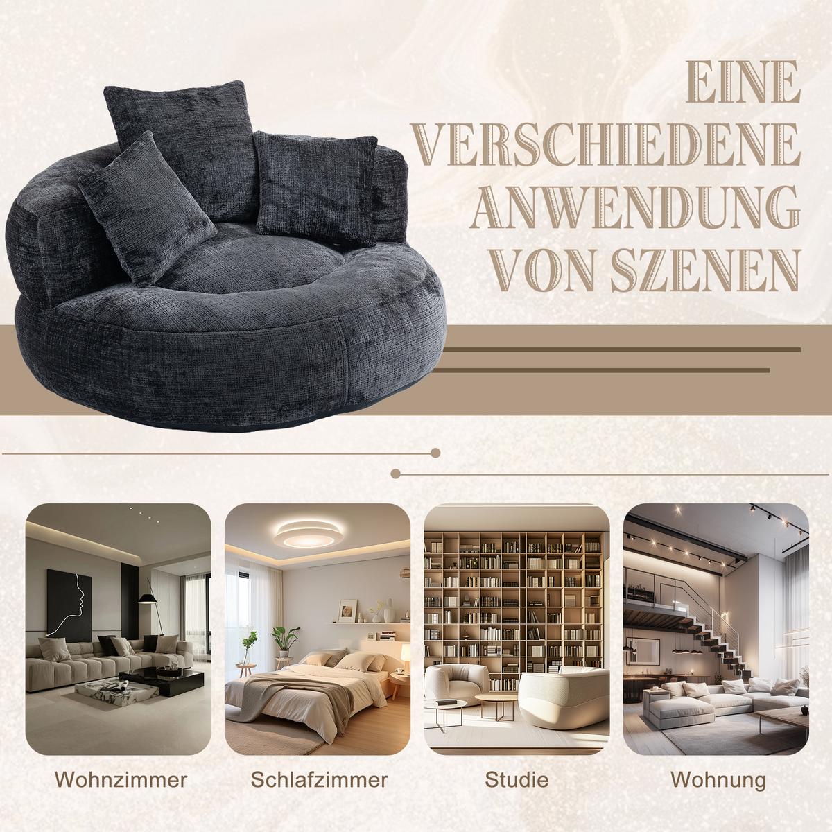 SESSEL chenille bodensessel rund mit kissen - Schwarz, Textil (108/52/108cm) - Urban Meuble