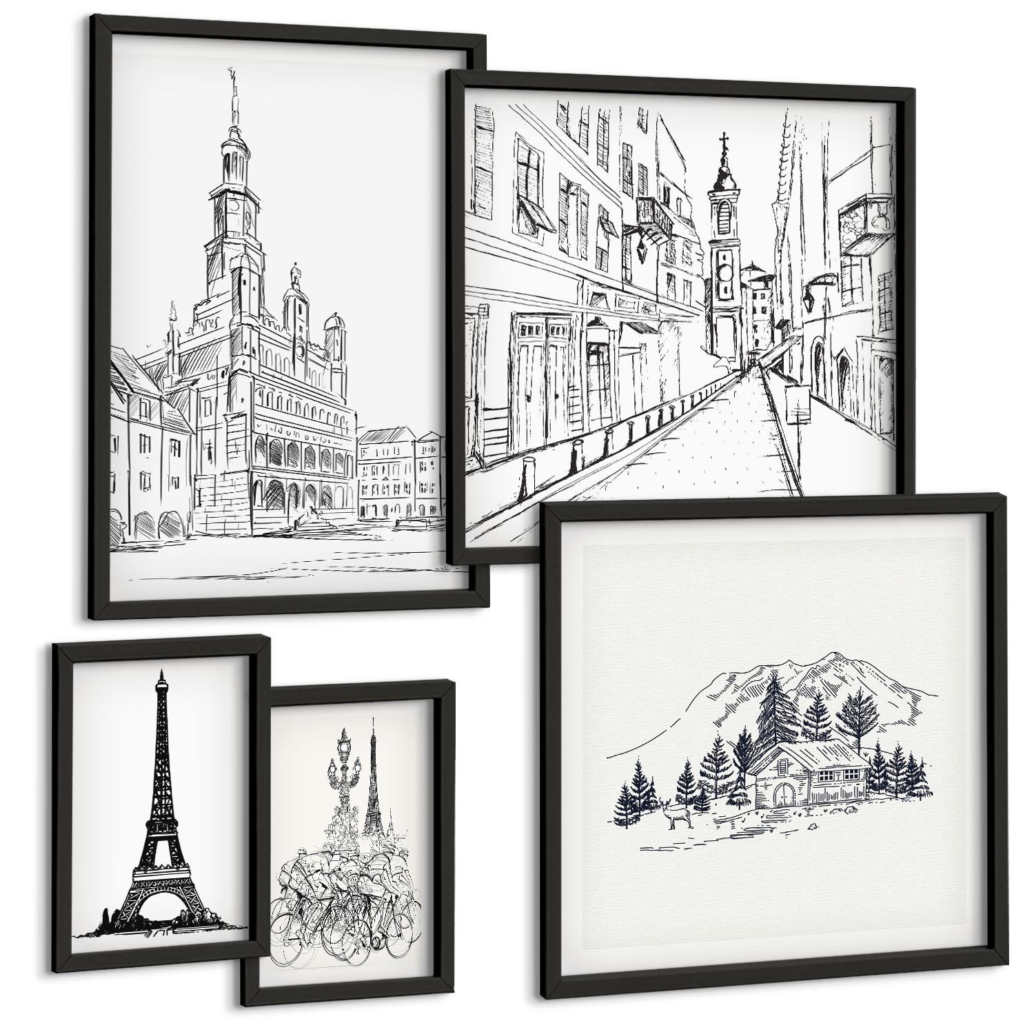 BILDER SET 5er Set - 50x50 cm & 20x30 cm & 40x60 cm Schwarzer Rahmen - Abstrakte Gemäldekompositionen - Schwarz, Kunststoff (40/60cm) - TULUP