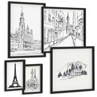 BILDER SET 5er Set - 50x50 cm & 20x30 cm & 40x60 cm Schwarzer Rahmen - Abstrakte Gemäldekompositionen - Schwarz, Kunststoff (40/60cm) - TULUP
