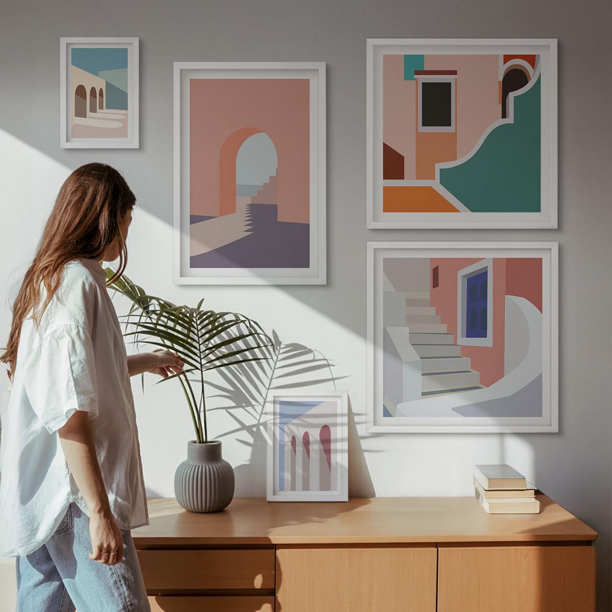 BILDER SET 5er Set - 50x50 cm & 20x30 cm & 40x60 cm Weißer Rahmen - Minimalistische Pastellgrafiken - Weiß, Kunststoff (40/60cm) - TULUP