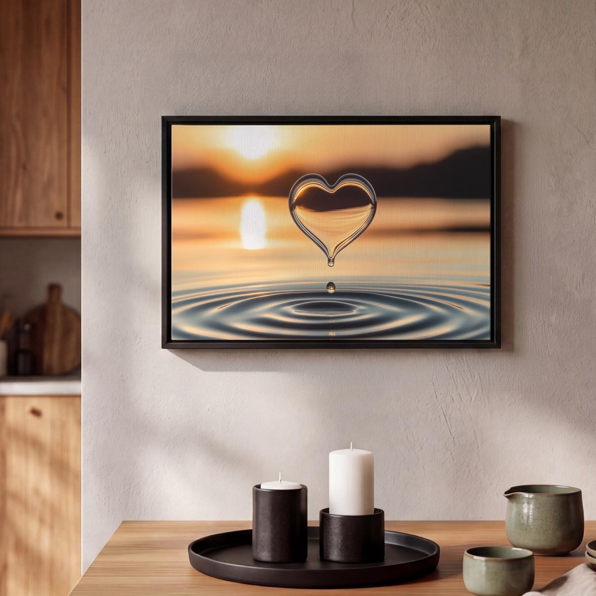 LEINWAND Bilder mit Rahmen - Herz - Wasser - Sonnenuntergang - Natur - Zen - 30x20 - Bernsteinfarben, Textil (30/20cm) - MuchoWow