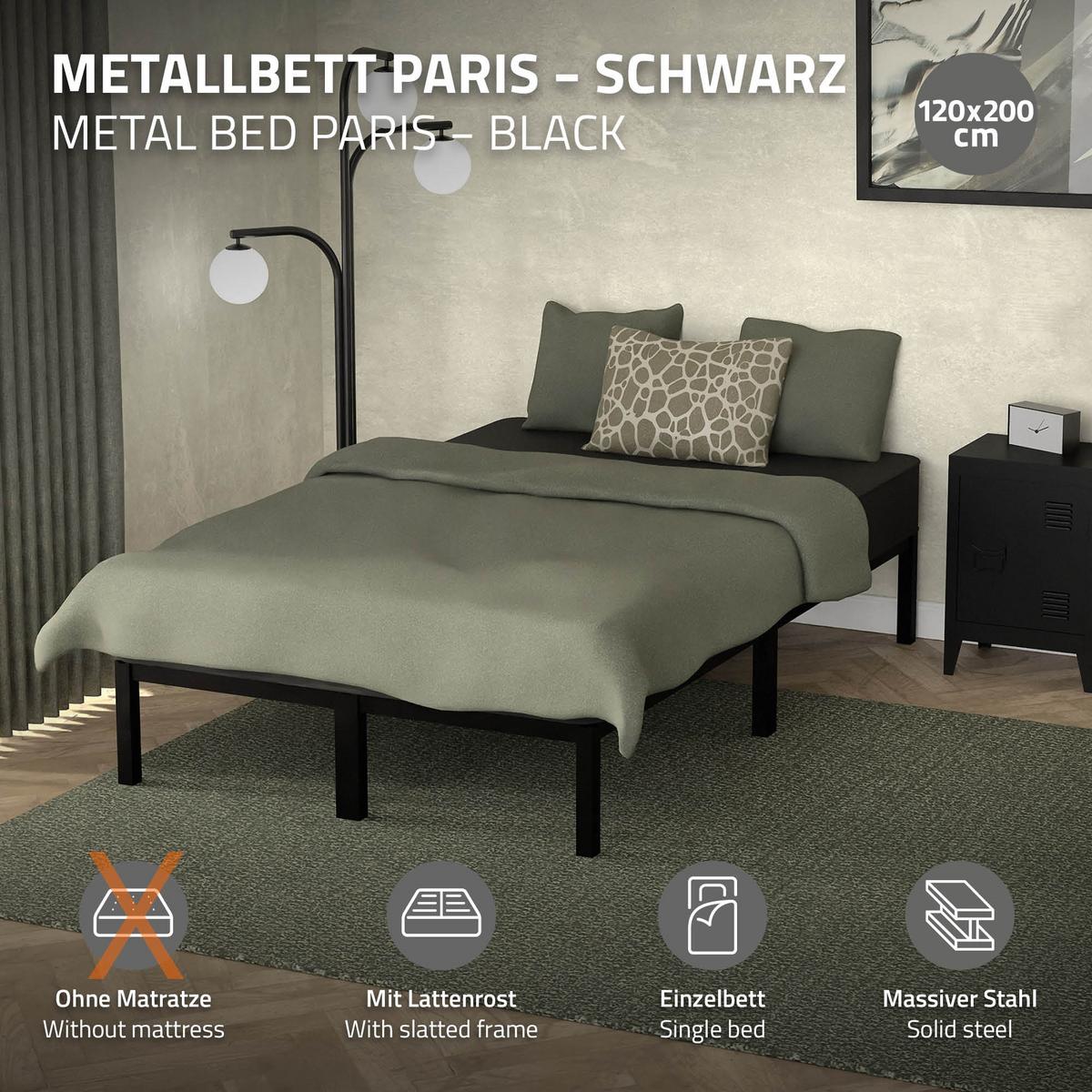 METALLBETT 120x200 cm mit Lattenrost Schwarz auf Stahlrahmen - Schwarz, Metall (120/200cm) - ML-DESIGN