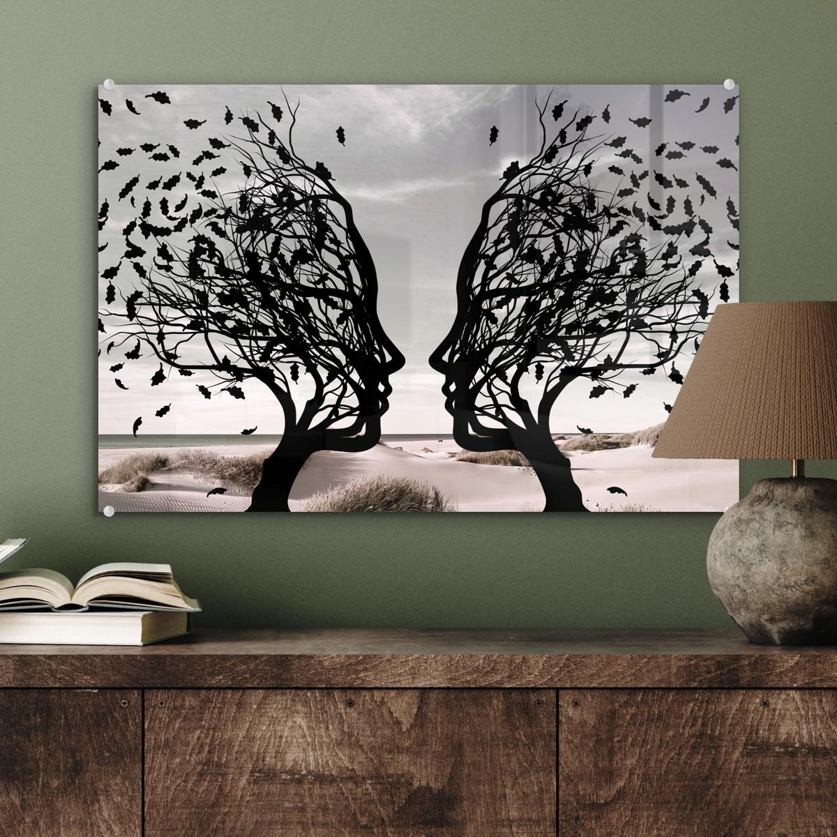 ACRYLGLASBILD Strand - Meer - Menschen - Baum - Moderne Kunst Wanddeko 60x40 cm - Hellgrau, Glas (60/40cm) - MuchoWow