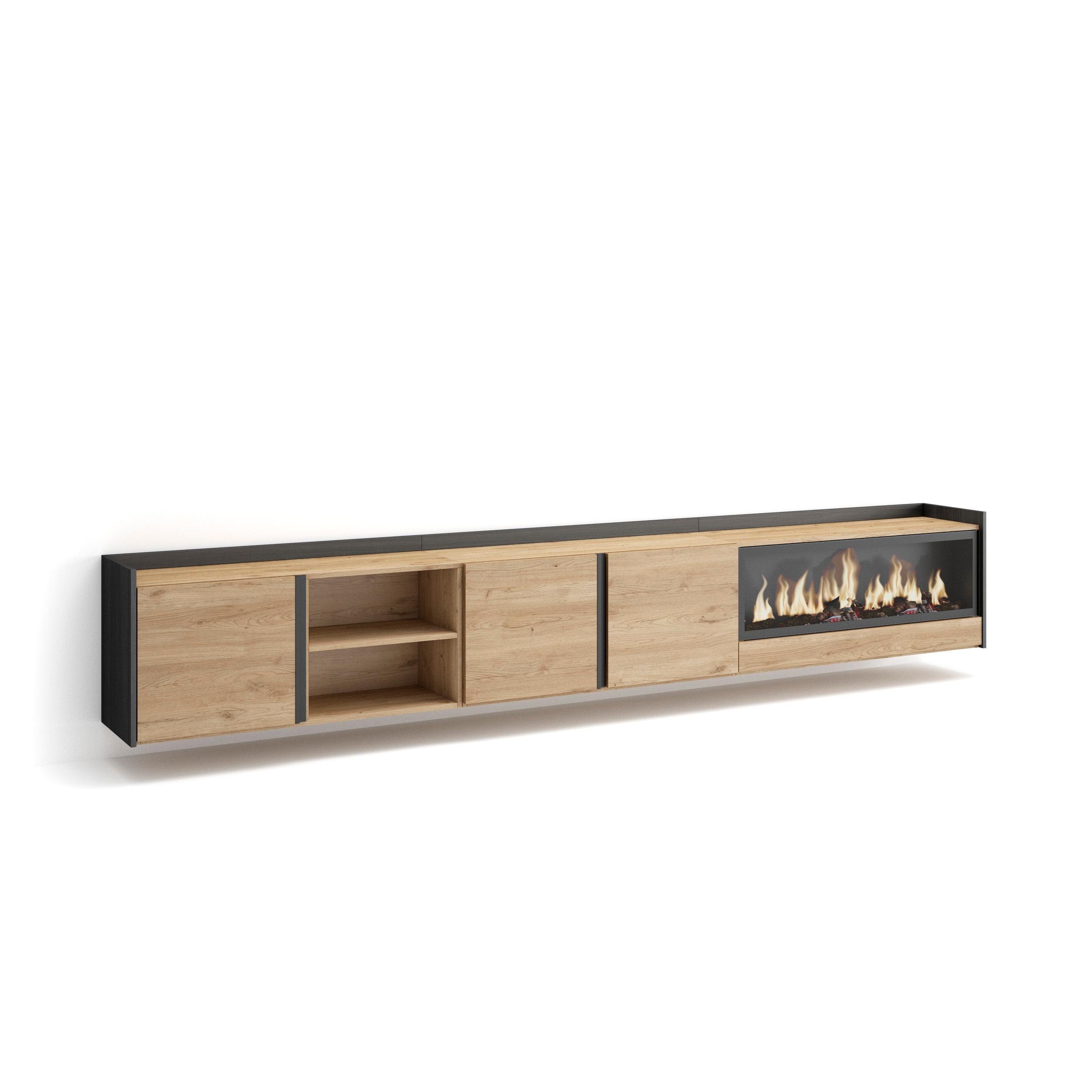 LOWBOARD, Eiche und Schwarz, 315/35/50cm, Kamin mit Feuereffekt XXL - Eichefarben, Holzwerkstoff (315/50/35cm) - Skraut Home