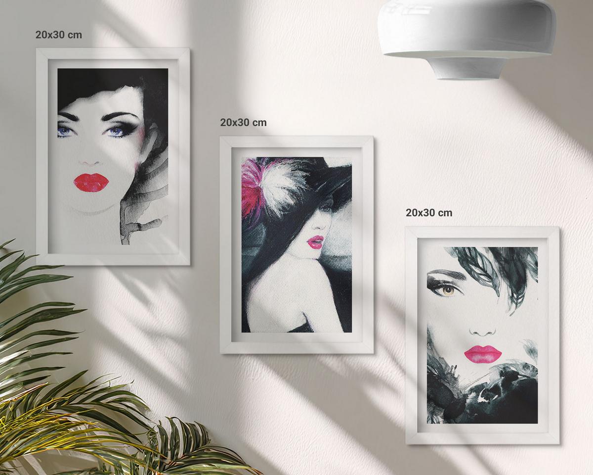 BILDER SET 3er Set - 20x30 cm Weißer Rahmen - Porträts von Frauen mit Lippen - Weiß, Kunststoff (20/30cm) - TULUP