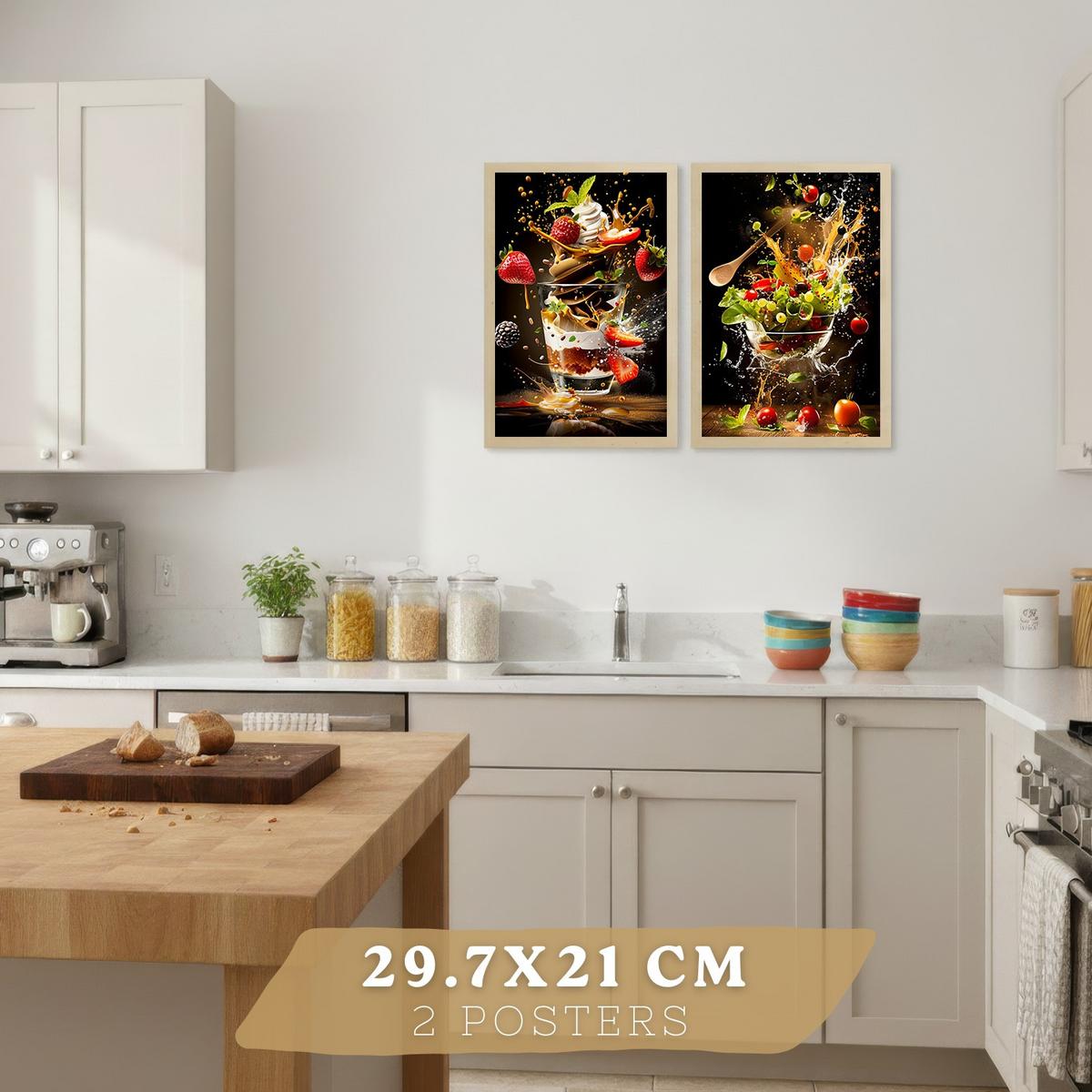 POSTER 2er Set Küchen-Wandbilder Erdbeer-Dessert und Salat Splash Fotografie Schwarzer Hintergrund Deko Rahmenlos A4 - Beige, Papier (29.7/1/21cm) - Nacnic
